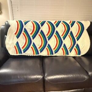 Hand Crocheted Rainbow Throw 40x60 Cream Scallop Edge Bubble Knit Cozy